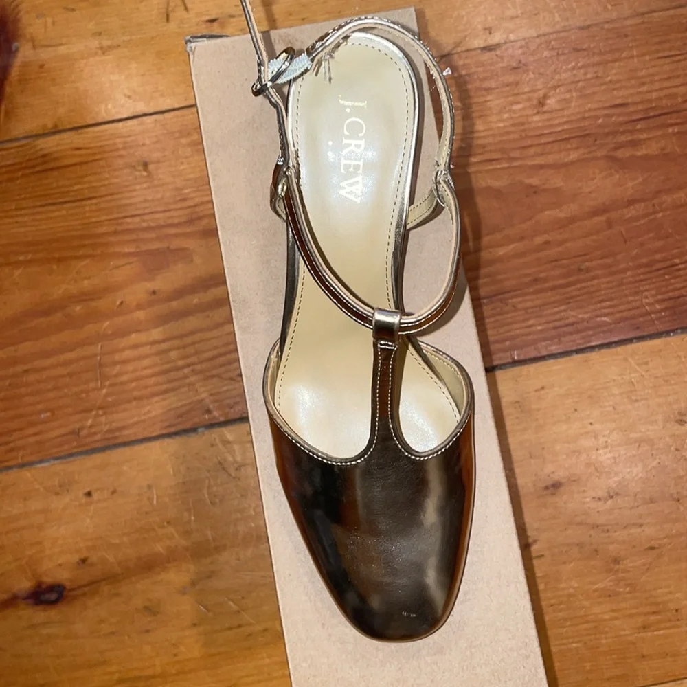 Shoe J Crew Ankle T- Strap Heel Gold NIB NEW size 9 1/2 - Picture 8 of 15